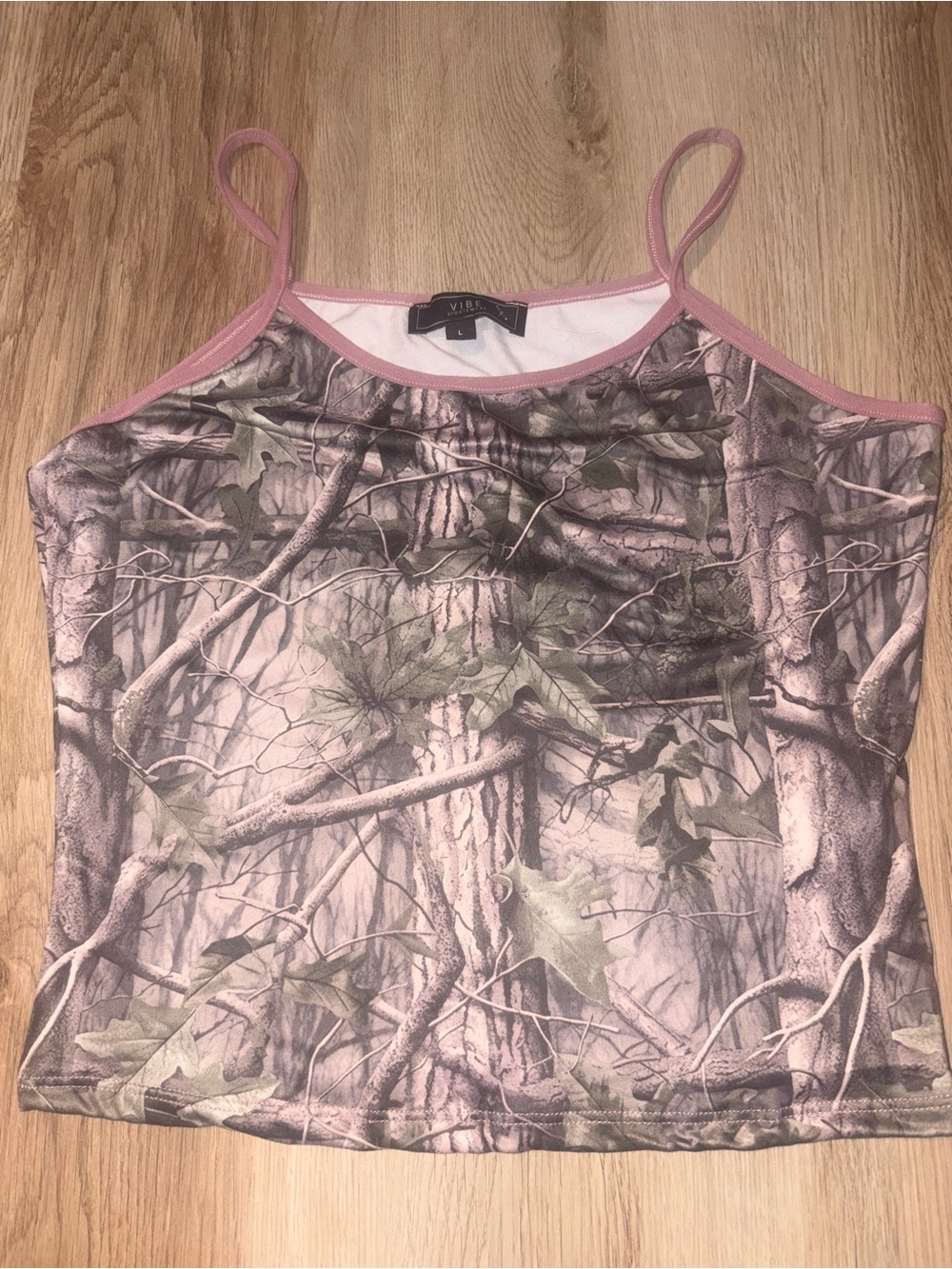 Vibe Camo Print Pink Trim Spaghetti Strap Tank Top